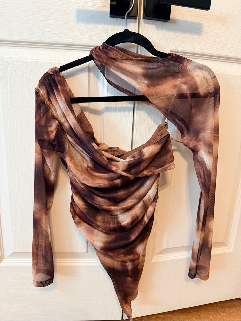 Brown Tie-Dye Mesh Draped Women’s Body Suit
